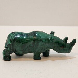 Vintage Hand Carved Rhinoceros Vibrant Green Malachite Stone Figurine